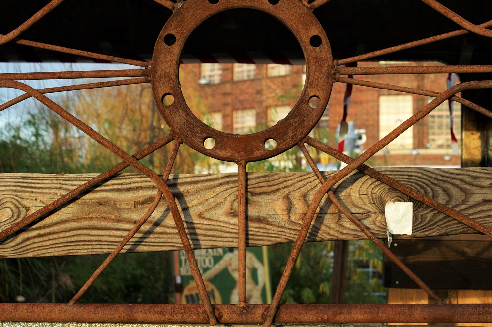 Entrance to White Trash, wood and iron, looking through to Arena building
