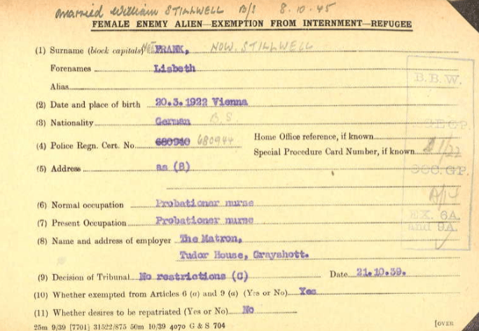 Female Enemy Alien Exemption from Internment Card for Lisbeth Frank, 21 Oct 1939